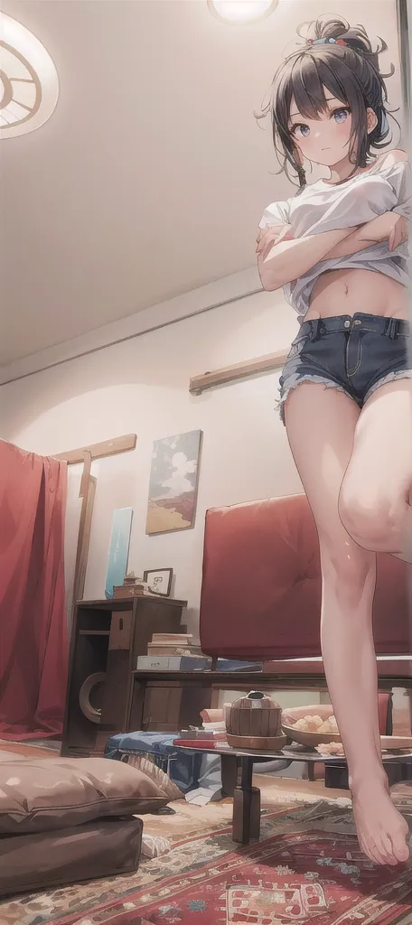 (In the living room)、1girl, (Younger sister kicking)、from the front、Angle from below、(Young face)、おでこ、編み込み、((evil smile)), ((high kicking)),
panties, 手にお金を握っています、Camisole、Jersey shorts、(1boy), (((penis))), (((eject cum))), The boy collapses under his younger sister and ejaculates from his penis、The boy had a fight with the younger sister and lost to her.、younger sister「Weak... Aniki who lost to younger sister and got a hard dick lol... Pervert masochist lol」