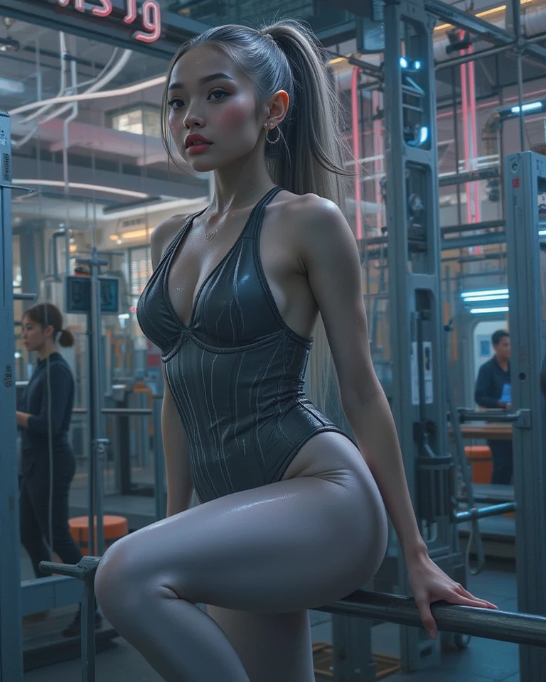 solo, from below, A beautiful brunette girl with shiny green eyes, wearing tight leggings and a zip-up sweater, her sweater is on her arms and unzipped, She is in a detailed gym with equipment in the background, she is wearing shoes, Sweat drips down her body and legs, her hair is longer and in a high ponytail, Her face is more detailed and realistic. She is fully visible, and the image is a masterpiece. she is standing, she is wearing a choker necklace and the image is ultra high detailed, her body is perfect, she has a visible cameltoe and a perfect ass, she also has medium sized breasts and her bra is very tight, 8k resolution with perfect lighting, she has a perfect body, she is not looking at the viewer, (she has sweat on her ass and breasts), she is in the gym alone, ((solo)), absurdres, ((1girl, solo)), ((full body))