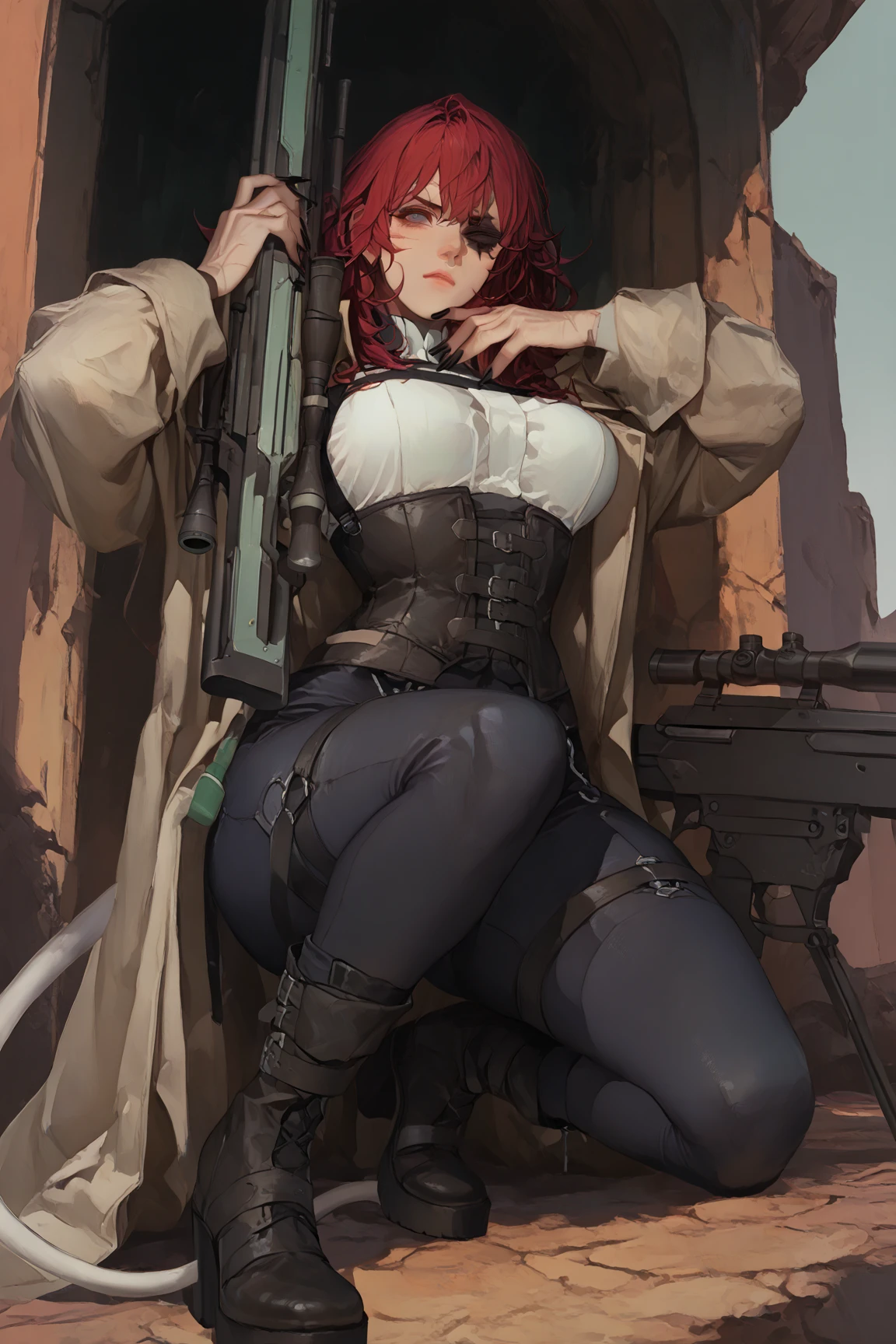 red hair, long hair, braid, red eyes, anatomically correct, heavy breathing, huge breasts, breast press, 1girl, breasts, gun, weapon, solo, pink, beret hat, handgun, boots, bodysuit, beret, huge_breasts, thighs, thick_thighs, red_eyes, gloves, squatting, looking_at_viewer, spread_legs, skin_tight, holding gun, (shaded face:1.2), hollow eyes, red eyes, looking at viewer, (heavy breathing:1.2), smirk, upper teeth, fantasy art, (electricity:1.2),