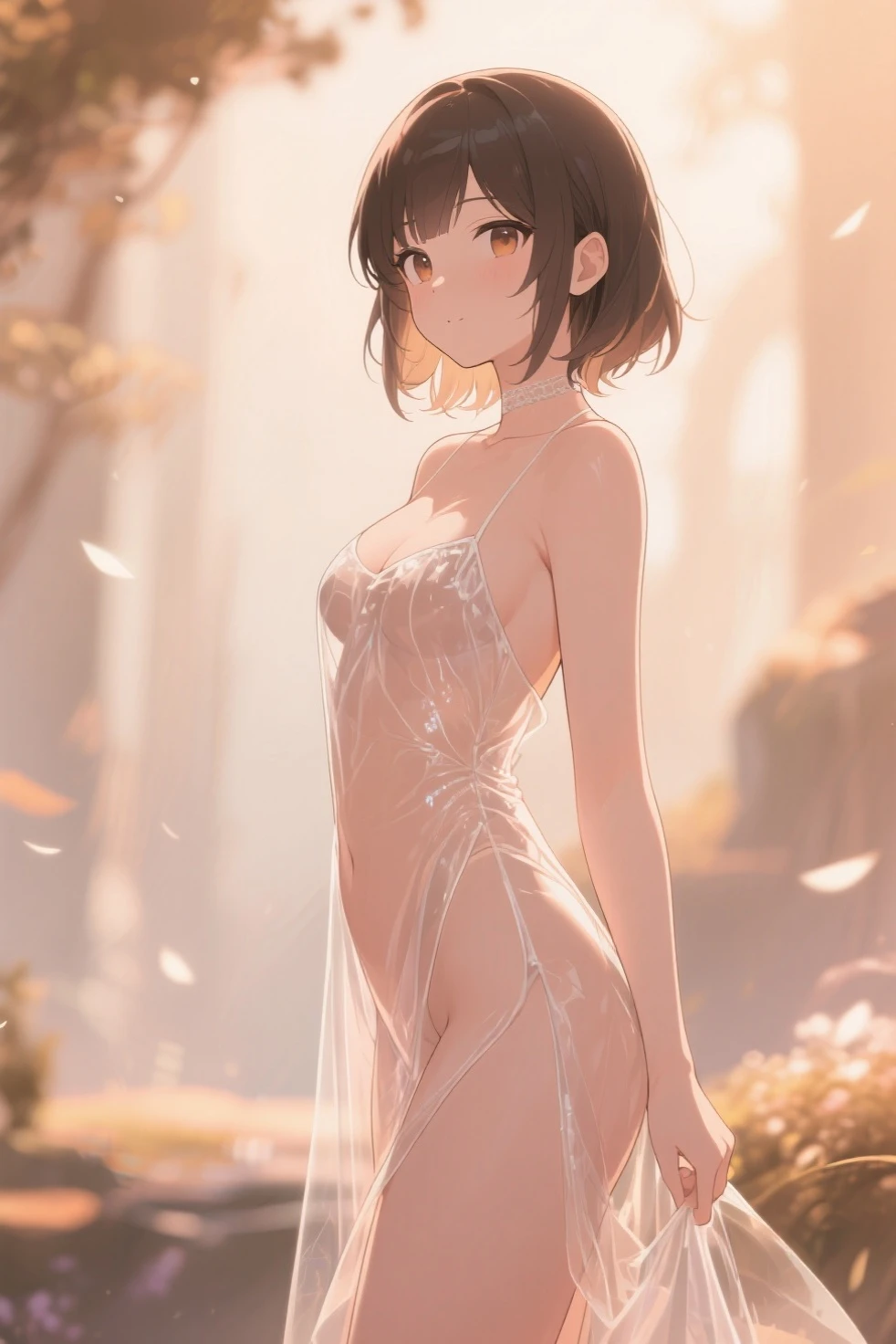 8k, high detailed picture, high quality picture, realistic style, masterpiece, (short brown hair:1.4), disheveled hair, (perfect light brown eyes:1.4), big brightness eyes, dancing, happy face, smiling, perfect accurate white teeth, very young girl, alisa, (show breast:1.3), loose blue minidress, sexy dress, transparent dress, see-through dress, perfect small breasts, cinematic light, UHD picture, outdoors