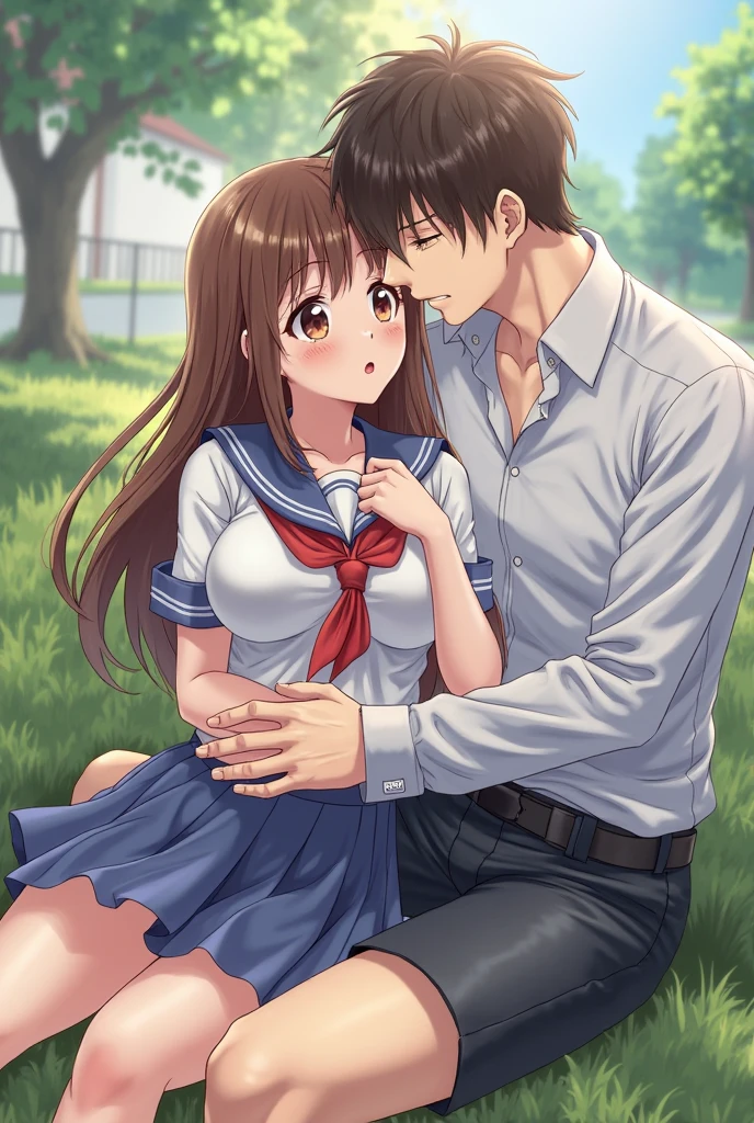 masterpiece, Highest quality, Nico_Yazawa,High resolution, 1 Girl, alone, Brown Hair, short hair, Twin tails、Purple eyes, Cowboy Shot, Frill dress, , Pink Dress, (Cleavage)、(Beautiful thighs)、city, Outdoor, garden, Carrying a red backpack, (randoseru backpack:1.2)A man masturbating surrounds a girl