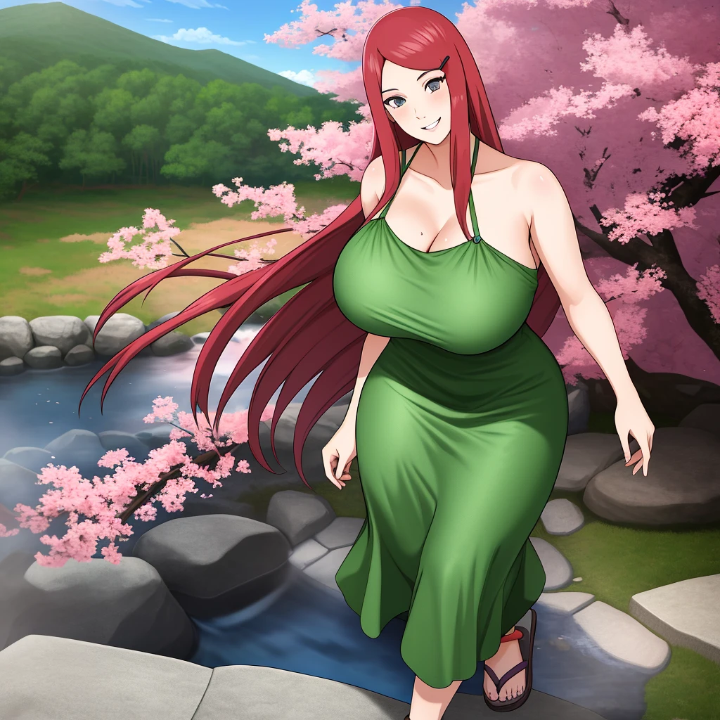 uzumaki_kushina, large_breasts, standing, solo, kushina_green_dress, masterpiece, best quality, detailed face, detailed eyes, highres, smile, happy, cherry blossom trees, onsen, realistic giant breast, point of view,