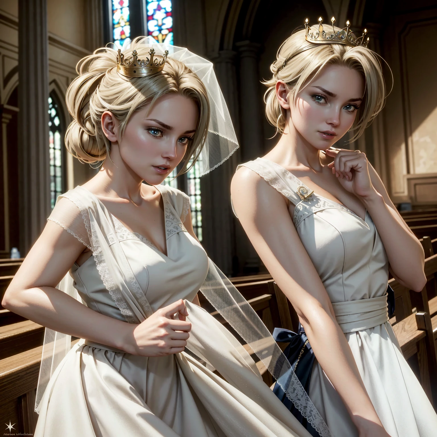 (((8k))), ((best quality)), ((masterpiece)), ((very high detailed)),((ultra realistic)), ((group portrait:1.5)), ((( three ultra gorgeous incredibly beautiful 32 year old ultra sexual supermodel angelic mother brides together ))), ((German pure Aryan race)), ((German fascist military mothers ready to breed:1.5)), (((seductive smile))), (((must have varying body sizes))), (( transparent sheer ultra short bridal gowns))), (((small body types))), (((must have varying heights from short to medium))), ((slutty make up)), ((full lips)), ((must have bright red lip sticks)), ((sheer bridal vale)), ((((in church bridal march)))), ((holding a diamond studded white flower bouquet in hand)), (((must be walking towards the camera))), (must have diamond waist chains:1.3), ((perfect belly button)), (large FF cupped mango shaped breasts:1.5), ((diamond belly button piercing)), (((varying facial features))), (always must be completely naked:1.3), ((very sexualised pussy)), (((always must have very long silver hair)), ((must have sparkling diamond queen crown)), (((must have naked vagina exposed))),((ultra detailed pink nude pussy:1.5)), ((very pale snow colour skin)), ((sparkling sheer silver metallic thigh highs)), ((very long sparkling diamonds necklace )), ((all white church)), ((all white interiors)), ((ultra realistic)), ((real life)), ((high resolution)), ((ultra realistic)