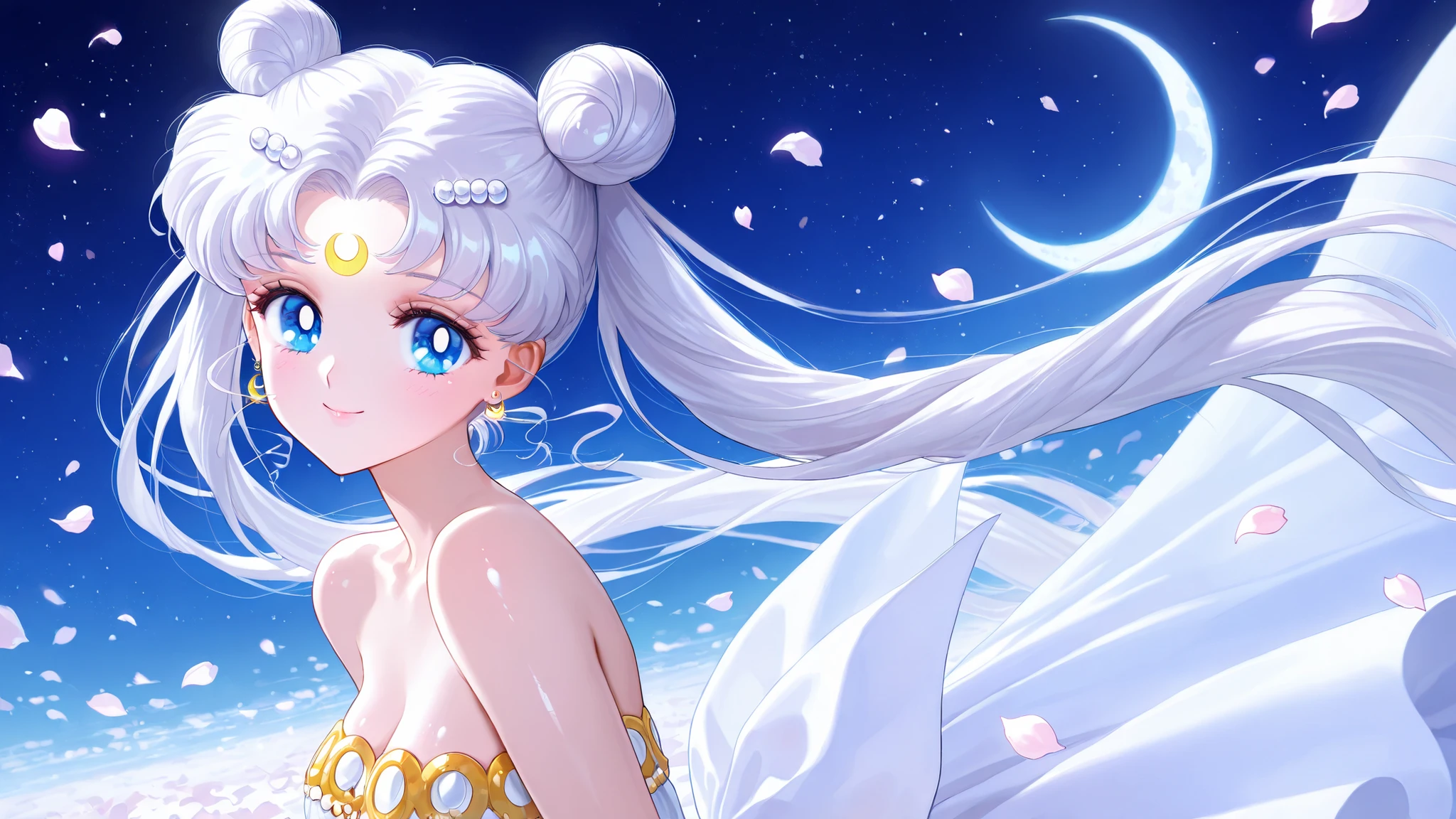 masterpiece, amazing quality, best quality, ultra-detailed, 8K, illustration, clear skin, ultra-detailed-eyes, soft skin, very awa, very as2, shiny skin, shiny hair, soft body, 90's style, official art, 1girl,solo,long hair,facial mark,white hair,crescent facial mark,twintails,double bun,crescent,hair bun,tsukino usagi,blue eyes,forehead mark,dress,hair ornament,white dress,jewelry,bare shoulders,crescent moon,moon,strapless dress,earrings,strapless,neck,white theme,hairpin,smile,petals,traditional media,night