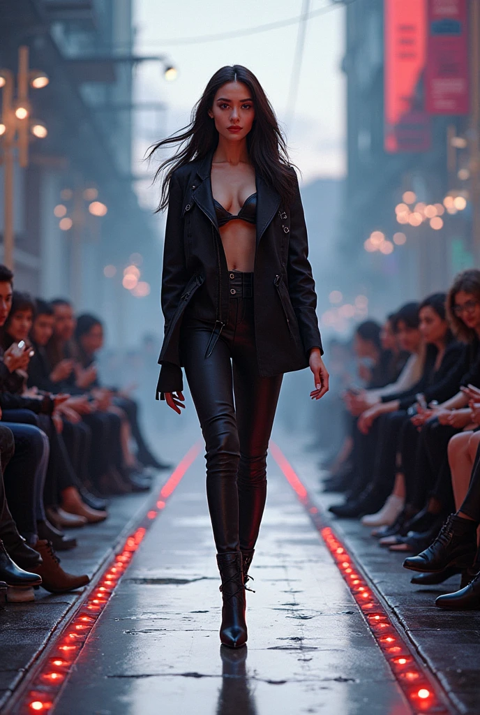 Trinity from Matrix walking down the street wearing a black overcoat and a very short mini skirt lifting with the wind blowing showing a bit of her pink thong under her skirt