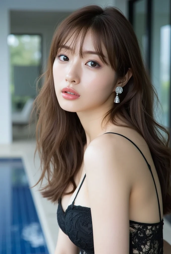 Top Quality, Photorealistic, 8K, High Definition, (1 Girl), (Female), (Small), ((Full Body Hose)) Brunette, Mole, Bangs, Short Hair, Mouth Closed, (((Macro Bikini: 1.5)), (Look at Viewer)), (Look at Camera), (Professional Lighting, Bokeh), (Poolside))), (Portrait: 0.6), Gorgeous, ( Dynamic Pose: 1.2),
