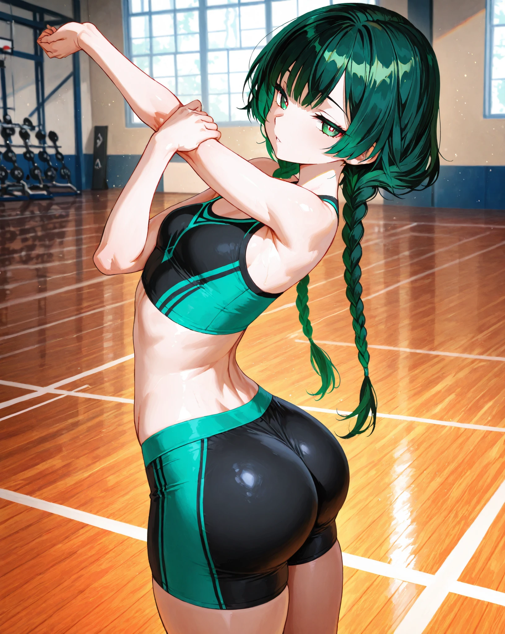 Human girl, long green hair, yellow eyes, athletic body, long muscular legs, tight sports outfit, , hd, 8k, masterpiece, full body, white background, character design in various perspectives, front, back, profile, angry