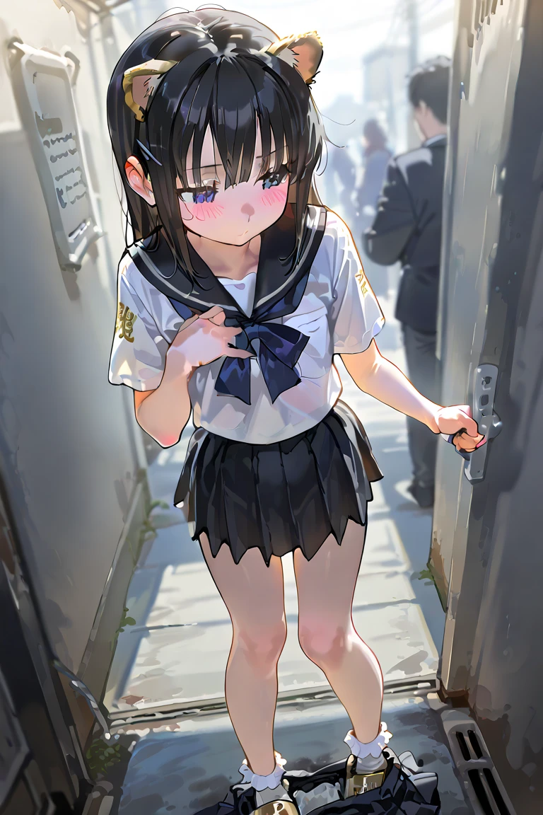 anime, 最high quality, high quality, High resolution, Beautiful woman, high school girl, Attention to detail, Good lighting, Obscene, Hentai, ((Short sleeve, cute navy sailor suit, Navy Pleated Skirt, Navy sailor collar, Blue Sailor Scarf, socks, Brown Loafers)), (Wet shorts), (((Incontinent))), (((Peeing))), (((Peeing on your own))), (Pee drips from the crotch), Pee stains, (puddle), (Thick thighs), Nice long legs, Detailed face, Pretty face, Humiliated, Embarrassing, ((A line of women waiting for an outdoor toilet)), Heherz