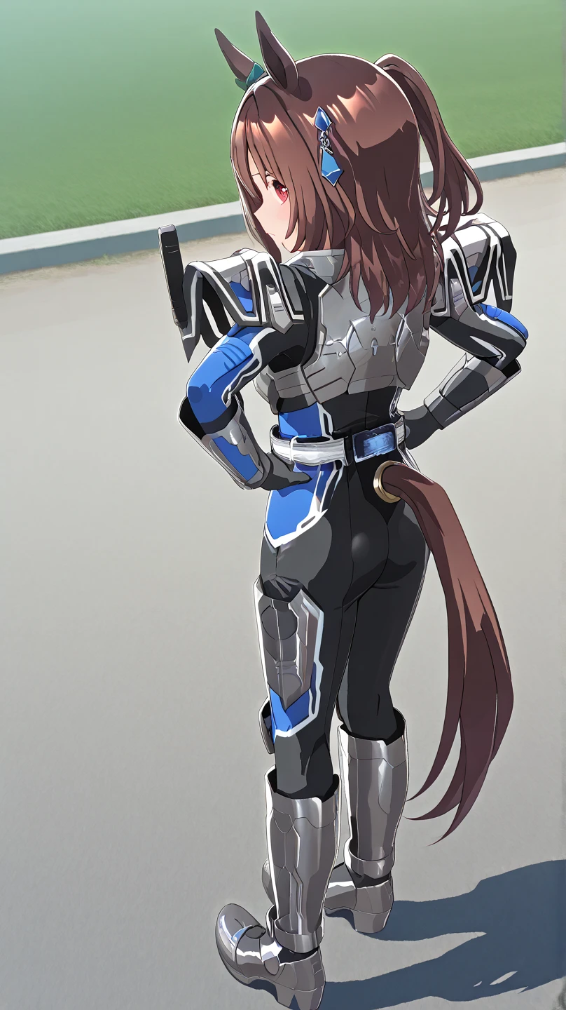 (masterpiece, best quality, detailed), 1girl, solo, 1girl, long hair, brown hair, animal ears, red eyes, wolf tail, necklace, looking at viewer,
<lora:mecha_offset:1>, mecha musume,mechanical parts, robot joints,single mechanical arm, headgear, mecha corset, full armor, ruins, overgrown, rubble, pillar, outdoors, building, light rays, fog, leaning forward, looking back, from behind, ass, v-shaped eyebrows, smile, closed mouth, blush
