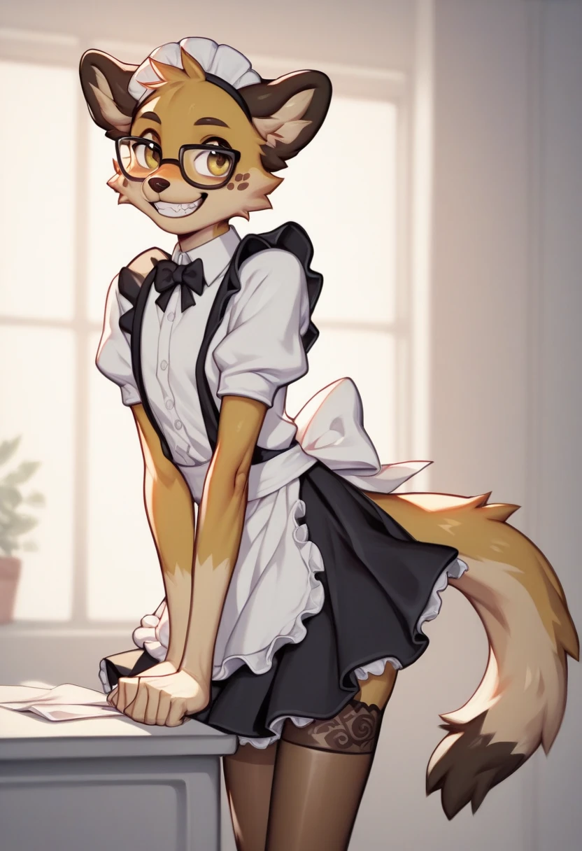 score_9, score_8_up, score_7_up, score_6_up, score_5_up, score_4_up, rating_safe, source_furry, a female anthro fluffy, 1girl, solo, female, furry, anthro, fluffy tail, small breasts, tiger, striped fur, yellow eyes, anthro, a tiger girl in black high stockings and white glasses next to a classroom blackboard, 1girl, chalkboard, thighhighs, skirt, clothes lift, solo, glasses, underwear, skirt lift, panties, furry, furry female, white panties, black thighhighs, lifted by self, black skirt, looking at viewer, shirt, classroom, white shirt, round eyewear, shy, blush