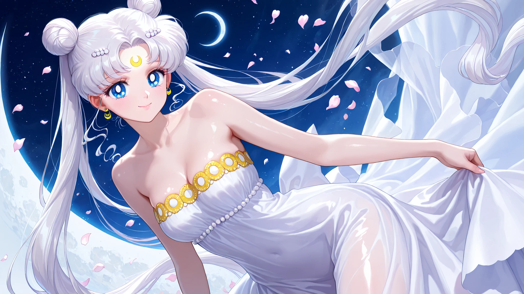 masterpiece, amazing quality, best quality, ultra-detailed, 8K, illustration, clear skin, ultra-detailed-eyes, soft skin, very awa, very as2, shiny skin, shiny hair, soft body, 90's style, official art, 1girl,solo,long hair,facial mark,white hair,crescent facial mark,twintails,double bun,crescent,hair bun,tsukino usagi,blue eyes,forehead mark,dress,hair ornament,white dress,jewelry,bare shoulders,crescent moon,moon,strapless dress,earrings,strapless,neck,white theme,hairpin,smile,petals,traditional media,night