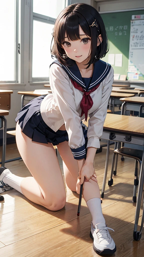 (reality: 1.4),highest quality, masterpiece, high detail, 16K quality, beautiful, 1 beautiful girl,japanese,super beautiful face,baby face,japanese idol face,cute face,super detailed face,detailed hand,beautiful skin,oily skin,big eyes,profeccional lighting,pony tail,black hair,brown beautiful eyes, standing,big smile,legs spread,spread pussy,(skirt lift),big breasts,(sailor suit),(checked skirt),(spread pussy),detailed pussy,black high socks,she is looking at the camera,classroom,nsfw,from below,