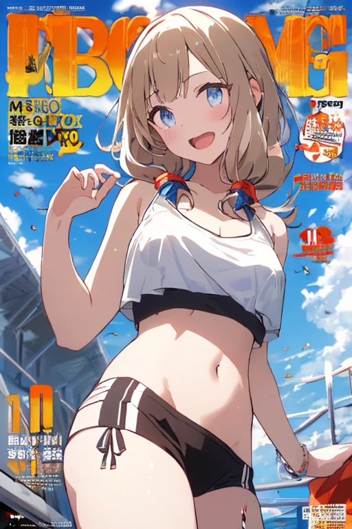 (masterpiece:1.2), (Military uniform magazine cover:1.4),best quality,PIXIV,Sweet girl , sexy posture,1girl, (perky chest:1.2), rolling upskirt by wind:1.6, (with sparkling eyes and a contagious smile),open mouth, (pointed chest:1.2),fishnets, black hair, boots, long hair, black nails, skirt, shirt, black footwear, bag, black skirt, jewelry, jacket,  thigh strap, bangs, necktie, earrings, nail polish, multicolored hair, looking at viewer, full body, bottle, own hands together, belt, jacket on shoulders, food, cats on head, ring, choker, english text, collared shirt, blue eyes, hat, lace-up boots ,masterpiece、highest quality、Very detailed、An illustration、Beautiful fine details、One Girl、cute、Detailed landscape、Training Room Background:1.4、Platinum Blonde Hair、Braided Ponytail、Red camisole、((c cup breasts, Tank top showing underboob:1.4))
