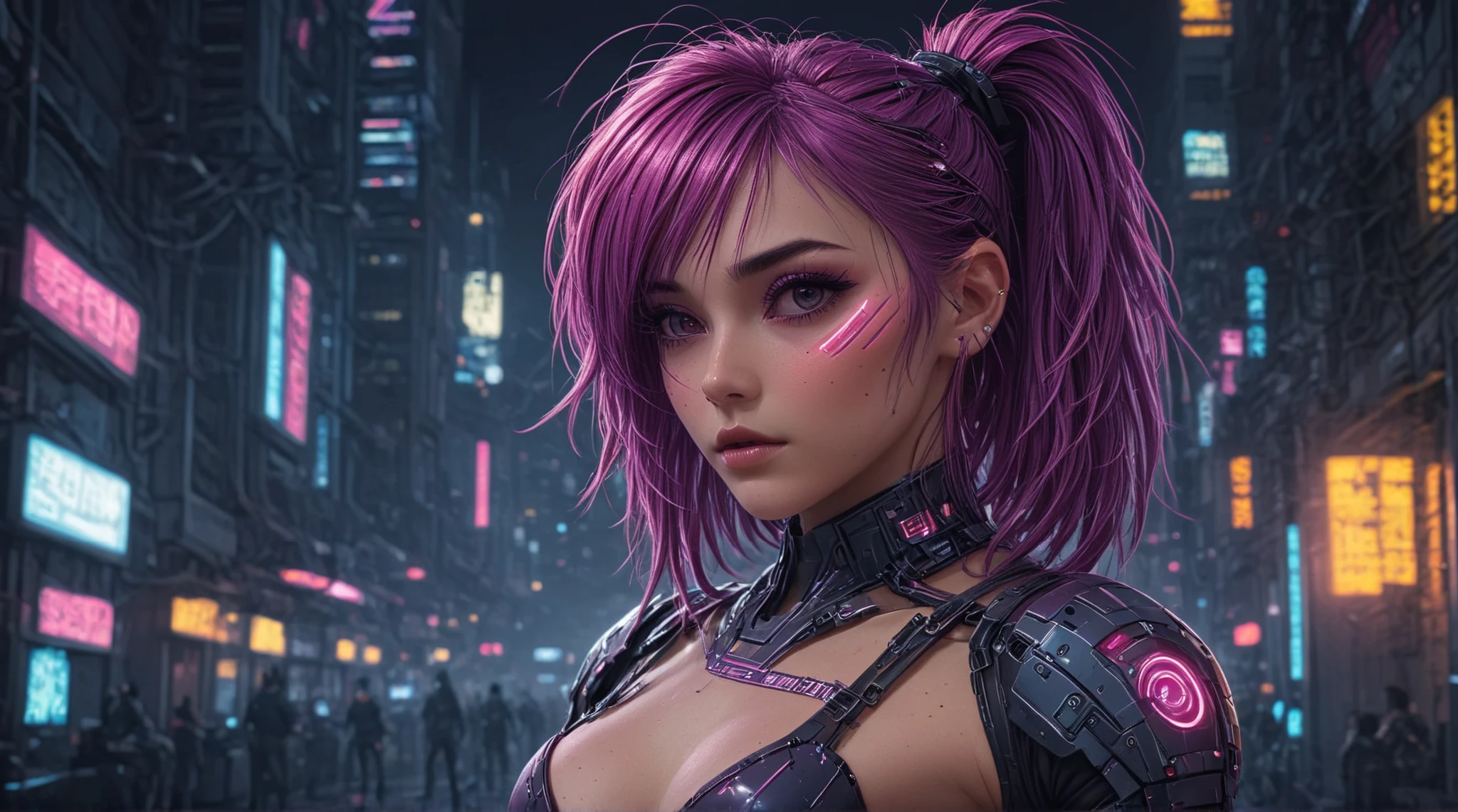 A strikingly vivid 3D model of a female game character, a futuristic soldier standing tall, her long magenta colored hair cascading down her back. She is clad in sleek, matte gunmetal grey armor that glistens under the neon lights of a cyberpunk cityscape, with her face exposed except for a sophisticated holographic see-through visor covering her right eye, reticle used for precision aiming. Gripping a futuristic sci-fi rifle designed with a matte black finish and an illuminated scope, her expression conveys determination and focus. The composition captures her in a dynamic pose, ready for action against a backdrop of a futuristic cityskape with advertising holograms. This 3D rendered depiction emphasizes the contrast between her fierce demeanor and the high-tech environment around her. use a neon color pallet with colors that complement her magenta hair. high resolution textures, intrequite details. Cel-shaded