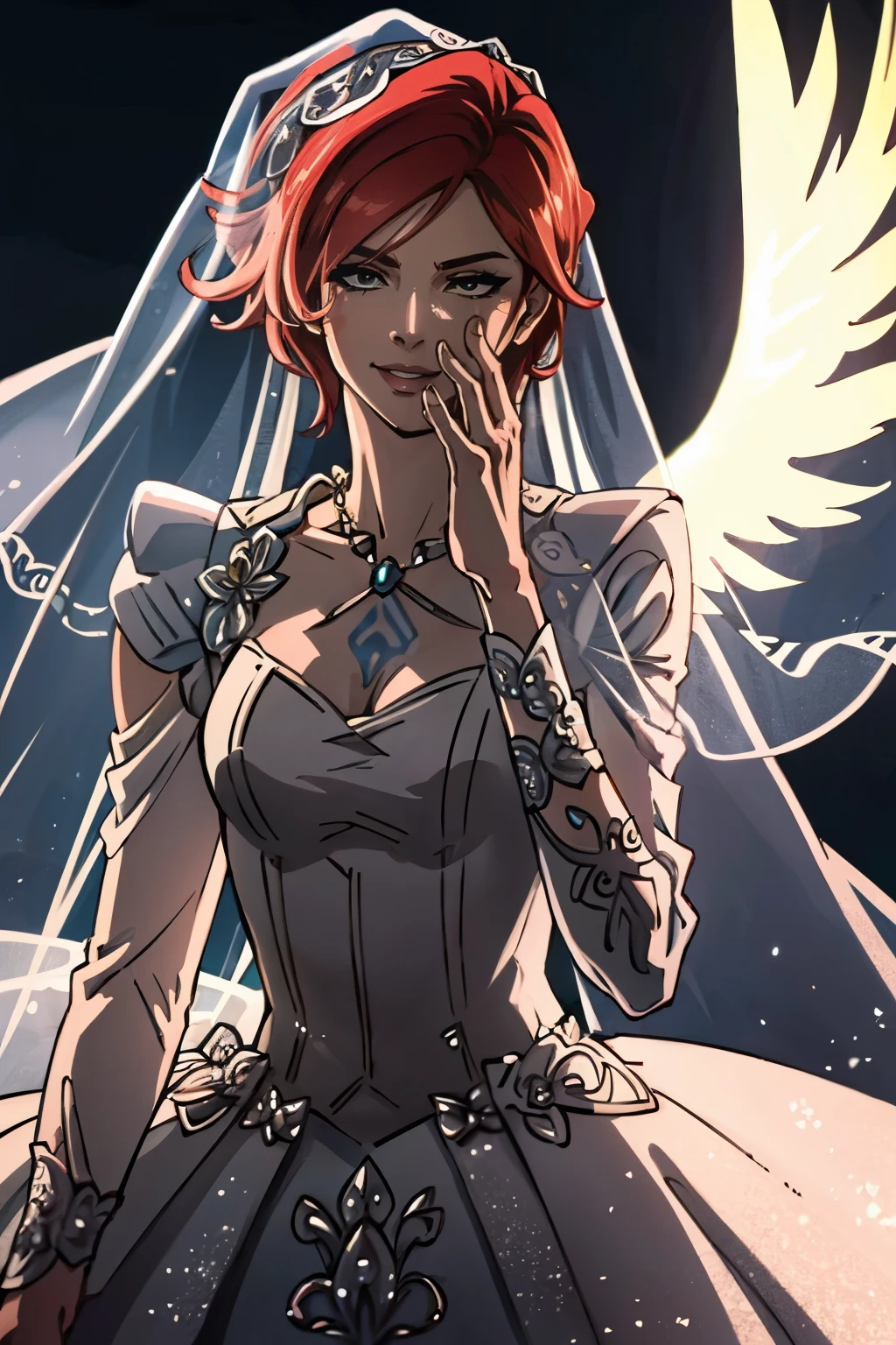 Lilith from Borderlands as a bride, wearing a backless, floor-length, long-sleeve ruffled tulle wedding dress in pure white. A delicate bridal veil covers her face, adding elegance and mystery. A hawk-shaped tattoo is visible on her back, just below her neck. Her right hand glows with fiery Siren powers, while her left hand holds a bouquet of vibrant flowers. She has a confident, winking smirk, her red hair styled in soft waves. The setting is softly lit, blending ethereal beauty with her bold personality, high heels, see-through bridal veil