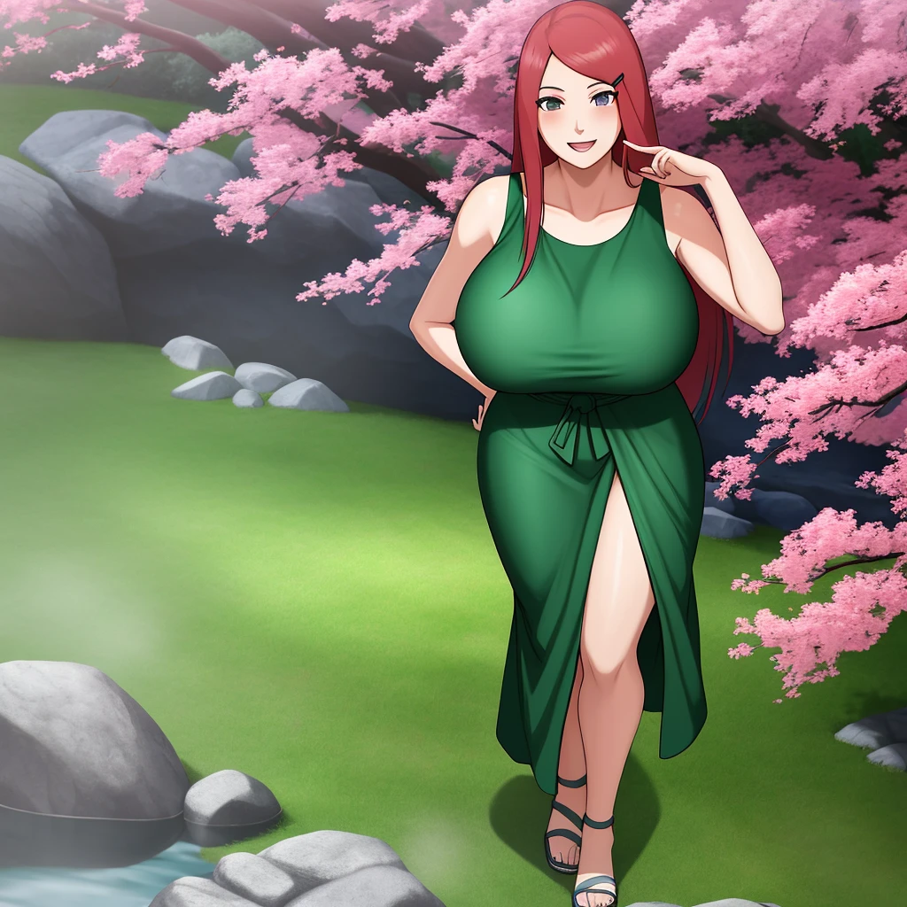 Uzumaki_kushina, Big_old, standing, Alone, kushina_green_dress, Masterpiece, Best Quality, detailed face, detailed eyes, high resolution, SMILE, happy, cherry blossoms, onsen, realistic giant breast, point of view,