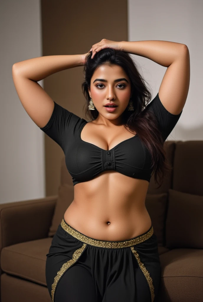 Beautiful chubby Indian women, wearing black saree and black sleeveless top, with her arms up, armpit posing, high definition armpit details, high definition image, big boobs, naked vagina, armpit close up, thick waist , hourglass waist