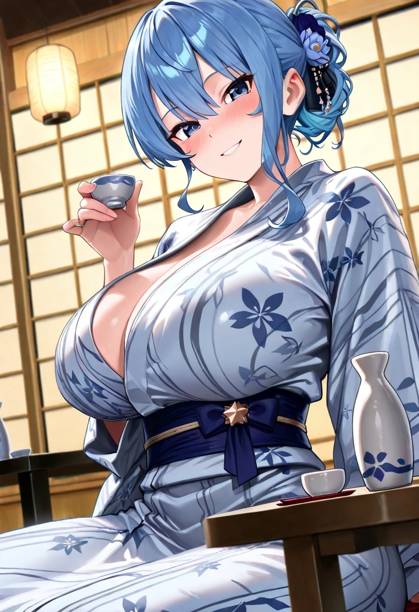 (1girl:1.1), solo focus, (a 26-year-old girl in a kimono:1.21), blue hair, gradient hair, half updo, folded, skirt pull, ass focus, (nurse:1.21), earrings, cleavage, huge breasts, blush, heart-shaped pupils, bathtub, Hasselblad, 85mm, f/2.8, lens flare, chiaroscuro, depth of field, cinematic lighting, ray tracing, backlighting, film grain, super detail, anatomically correct, textured skin, best quality, high details, high quality, 4K