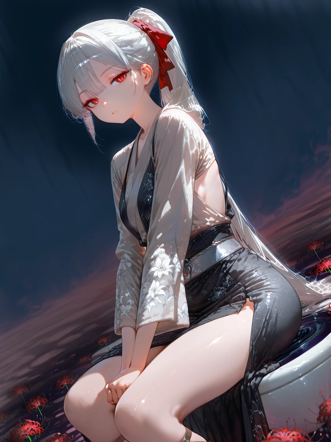 white straight hair, pretty, shorts, barefoot, red eye, chain collar, handcuffed, white skin, wet, shy, best quality, chain, off shoulder black jacket, belly, young, lava, outdoor