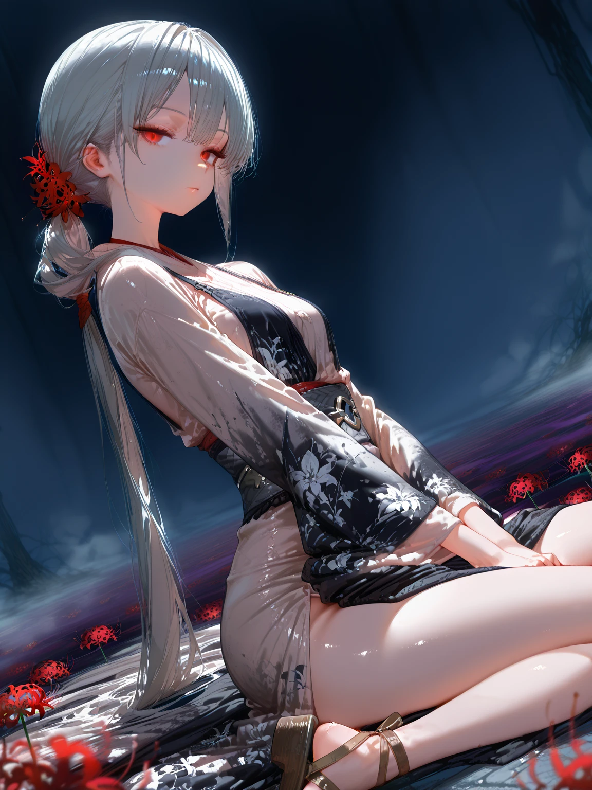 Japanese witch dress, beautiful legs, duck sitting, torii background, virtual modeling, white hair, heterochromic pupils, 4k quality, natural light, bare breasts, slim figure, e cup, melon seed face, 18 years old girl