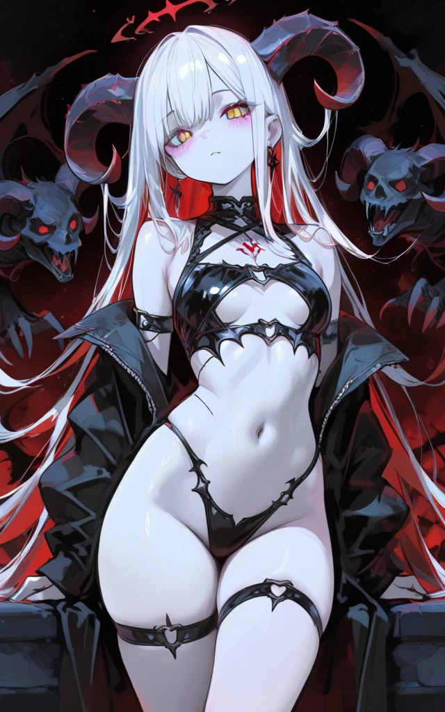 Dark style, black hair, white skin, red eyes, long hair, bangs,underwear,succubus
