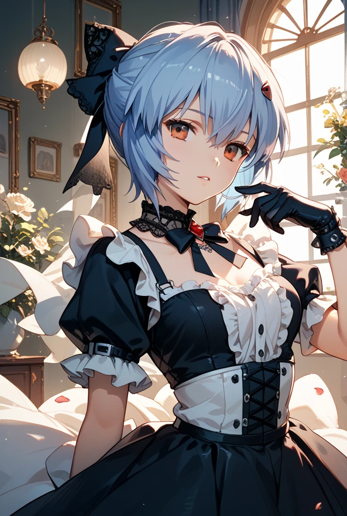 masterpiece, best quality, highres, ram1, 1girl, solo, rem \(re:zero\), blue hair, white thighhighs, short hair, red eyes, hair over one eye, ribbon trim, hair ribbon, x hair ornament, frills, maid headdress, waist apron, garter straps, black ribbon, medium breasts, cleavage, long sleeves, white apron, neck ribbon, purple ribbon, wide sleeves, hair flower, indoors, sitting, crossed legs,