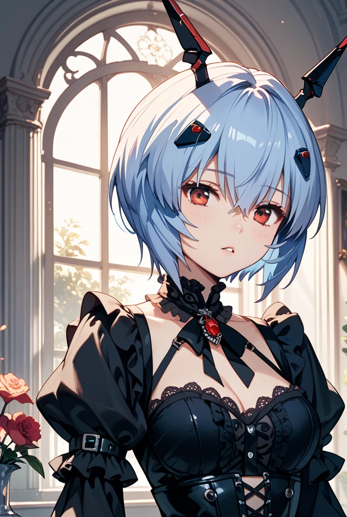 (Highest quality, masterpiece), One girl, Intricate details, Off the shoulder, skirt, choker, Frills, See-through, View your viewers, blush, Upper Body, Blurred Background, Ayanami Rei , blue hair ,red eyes,