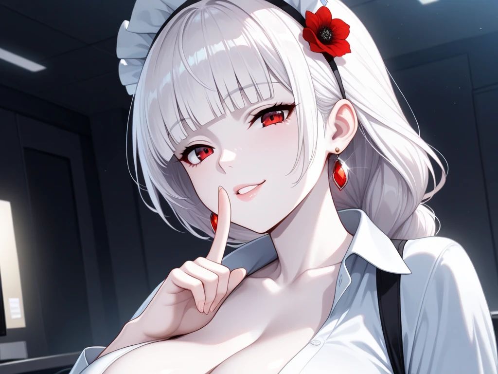 1 girl、red lips，White lace maid outfit，Slim，Large Breasts，Facial details are very detailed, handcuffs，collar，Black long hair, Charming red eyes, Fox ears, Ridiculously big, Radiant Skin，Standing on the dining table，Dining room
