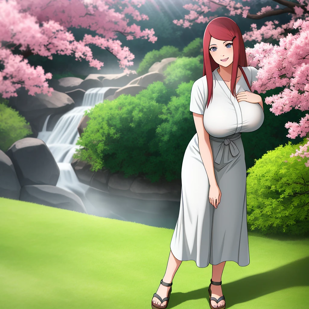 uzumaki_kushina, large_breasts, standing, solo, kushina_green_dress, masterpiece, best quality, detailed face, detailed eyes, highres, smile, happy, cherry blossom trees, onsen, realistic giant breast, point of view,
