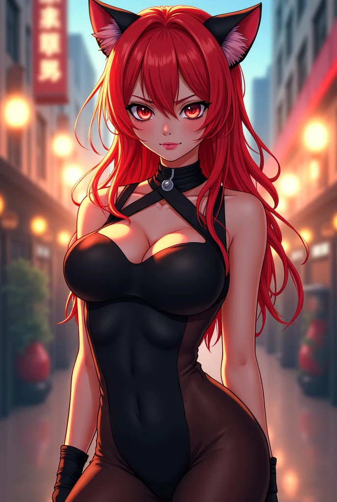 sunsethuman, female, two tones of hair, red and yellow hair, strapless pothole tube dress, in a park, night-time, lampposts