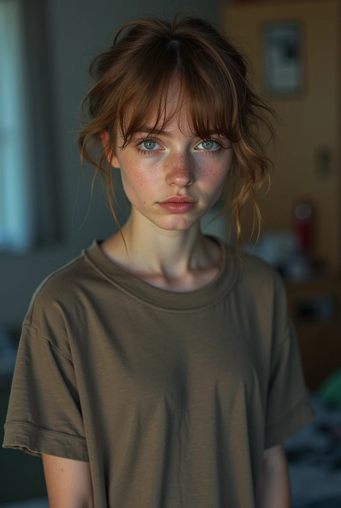 An eight year old redhead girl with short curly hair and green eyes behind