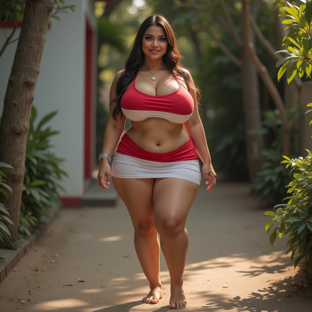 Indian women,30 year old,pretty face,big and voluptuous breasts, gigantic and enormous butt, thickest thigh,huge knockers,widest hips, lowest waist,slim tummy, wearing Belly dance dress, walking at public road and her dress is blowing by wind