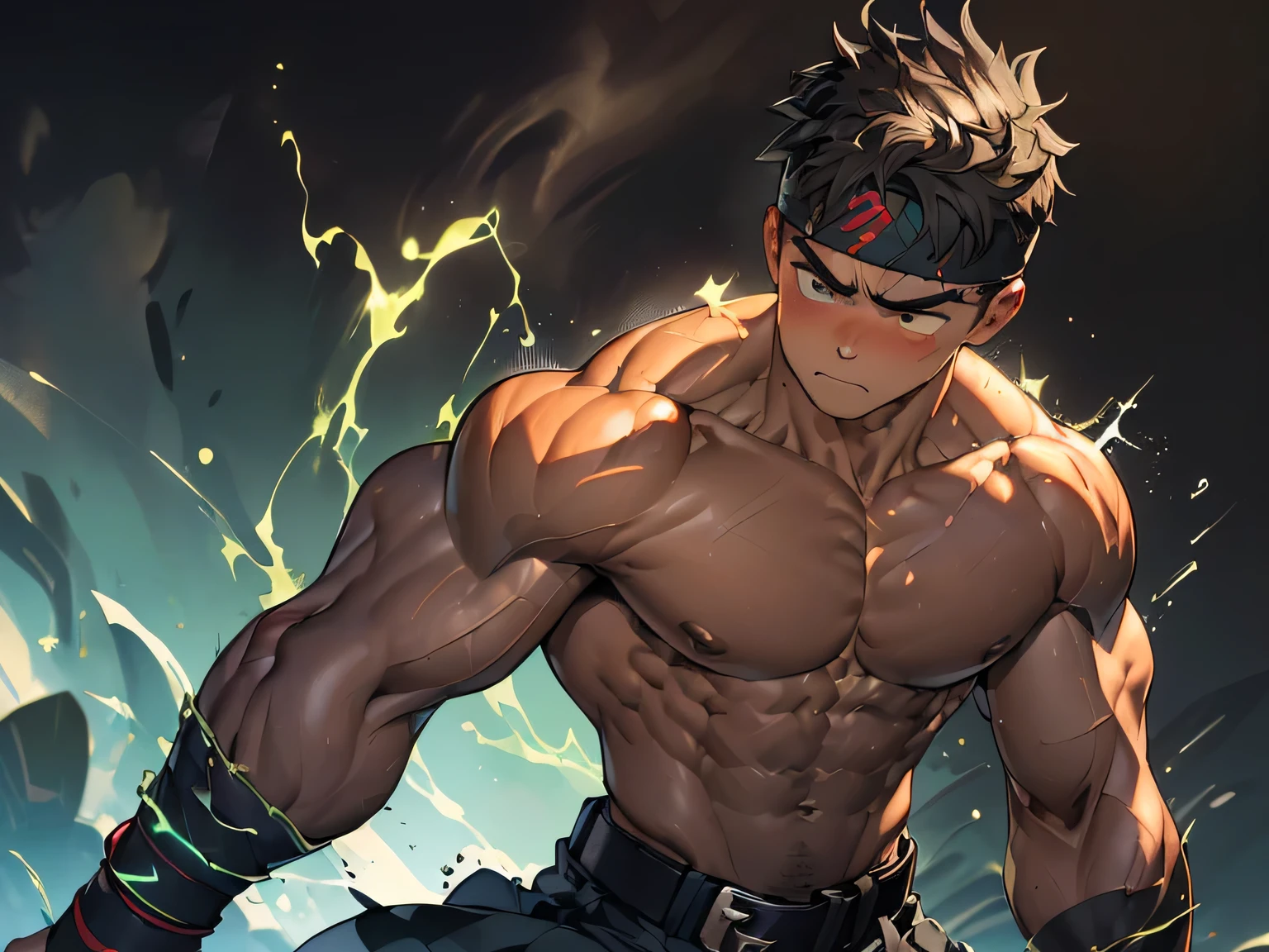 (((masterpiece, best quality, dynamic angle, dynamic pose, acrobatic pose))), (((((Black Background, Dark night, (Depth of field:1.2), steam, upper body, uppercut))))), (1boy, Young guy, muscler, Shirtless, topless), ((((Wounded, exhausted, solo, tough, reliable)))), (Dark Short straight hair, ((almost completely shaved hair)), under cut, Glossy skin), (((red headband, black wristband, belt, boots))), Vivid colors, ((big breast, big shoulder, muscular body, sturdy body, defined round and fleshy pecs, defined round and fleshy ABS, defined round and fleshy armsmuscular, well-defined muscles, developed body, toned body, shouldermuscler)), muscler!, muscler body, detailed face, detailed muscle, (((rippling muscles, Flowing energy, wearing power of his aura, his arms charging power, Highlight his aura, green aura effect, wearing energy stream, athretic body, random fighting pose:1.2)))