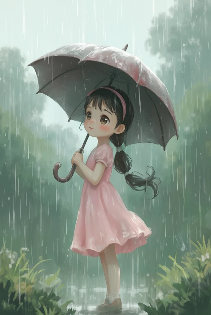 Rainy Day，one person，Cute little girl with pigtails and a floral dress treading water，Rainy season in the south，high quality，