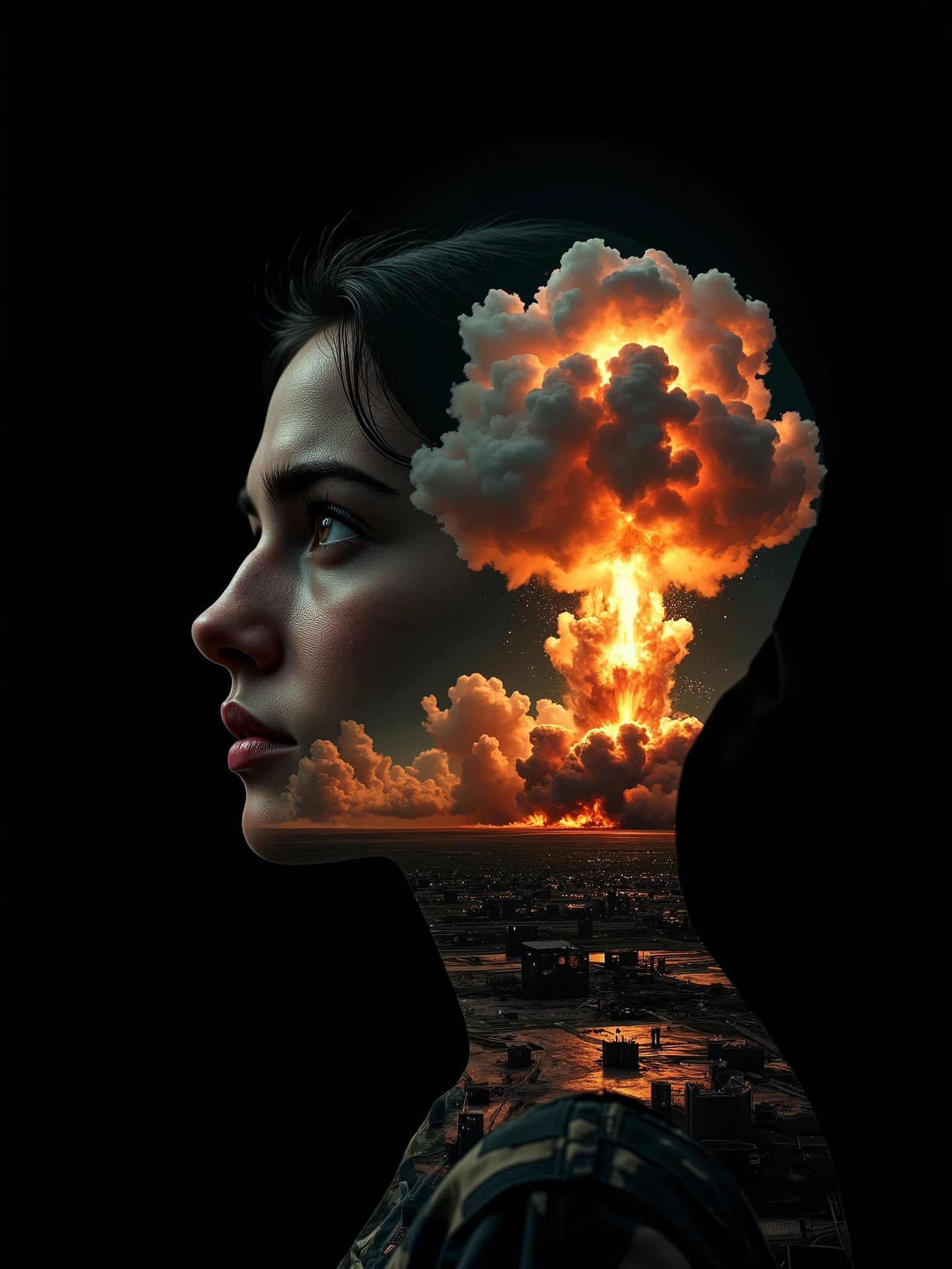 masterpiece,Best quality, illustration,{beautiful detailed girl},beautiful detailed glow,(flames of war:1.2),(The nuclear explosion behind:1.3),rain,detailed lighting,detailed water,(beautiful detailed eyes:1.1),inexpressive,White hair,wild hair,long bangs,hair between eyes,(white-gray tank-dress:1.1),black headband, big forehead, an adult heavy look of a man who has seen some bullshit,