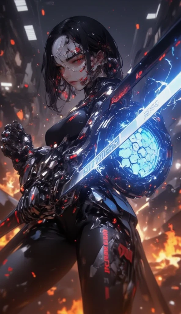 best quality,4k,8k, highres, masterpiece:1.2), extremely detailed eyes, extremely detailed body, (large masterpiece digital art), (detailed manga illustration), (detailed line art), ((perfect anatomy)), (intricate details:1.3), (ultra-detailed:1.3), (illustration:1.3), (sharp focus:1.3), (natural lighting:1.05), (vivid colors:1.3), (masterpiece), (best quality:1.4), (perfect anatomy:1.4), high quality, expressive eyes, full body, tall girl, detailed face, beautiful face, perfect face, breasts, gloves, large breasts, cyberpunk, (black armor), short hair, ((pale skin)), messy hair, detailed ((dark blue hair)), (honeydew hair), multicolored hair, two-toned hair, detailed eyes, (amber eyes), hourglass physique, mecha musume, fortified suit, mechanical parts, headgear, robot joints, bodysuit, deva battle suit, gloves, thick thighs, toned, emblem, superhero, dynamic lighting, 4k resolution, dynamic pose, weapon, energy weapon portrait, Jeff Bridges, ((cartoon style)), Marvel Cinematic Universe style, (((sci-fi city in the background))), soft bokeh of futuristic city, Atey Ghailan, Jeremy Mann, Greg Manchess, Antonio Moro, trend in ArtStation, trend in CGSociety, Intricate, High Detail, Sharp focus, dramatic and photorealistic painting art by Midjourney and Greg Rutkowski, bokeh in the background