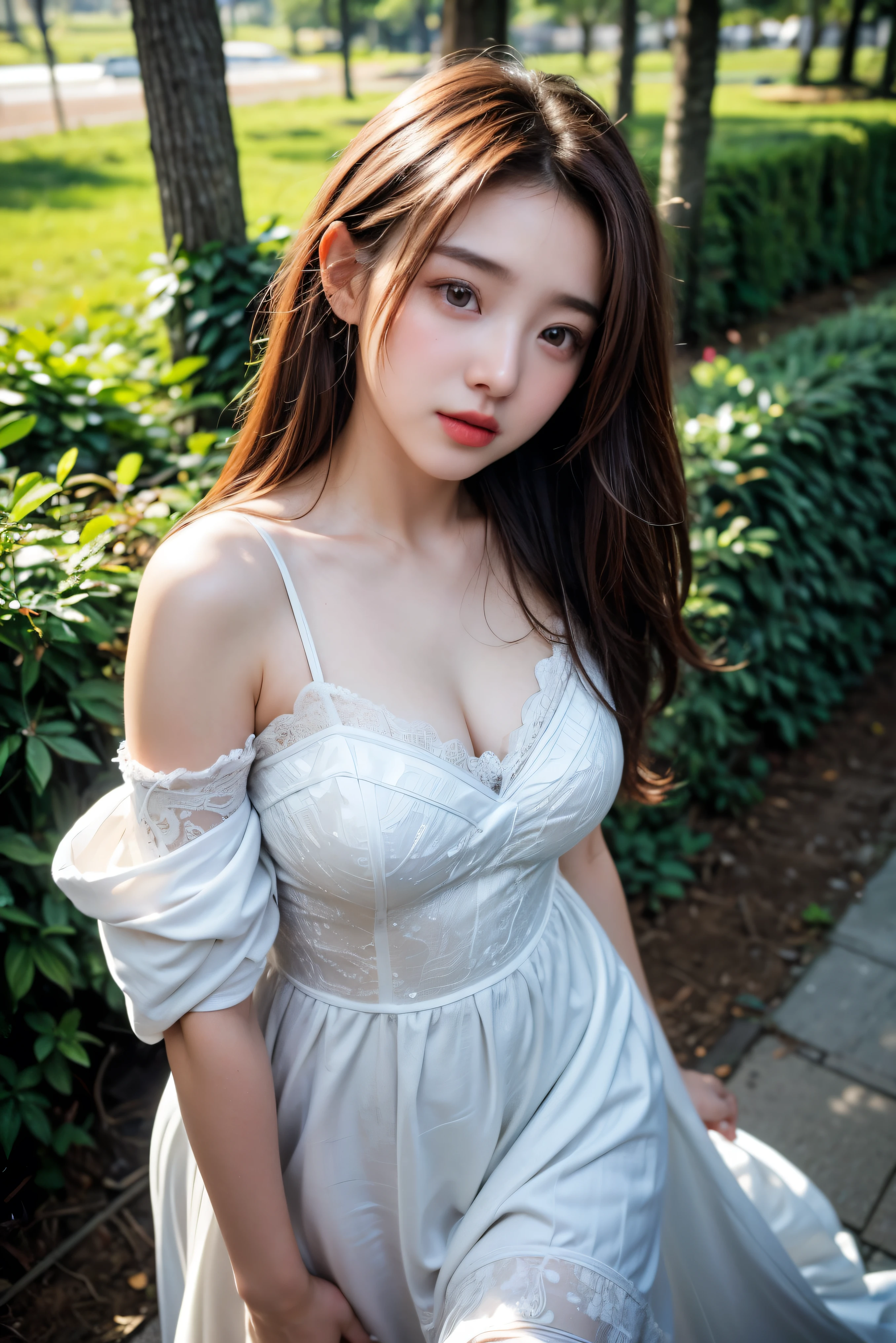(highest quality、masterpiece、surreal)、16 years old, redhead, Has a soft and gentle look、Beautiful and delicate girl statue.、The background scenery is a garden with flowers and butterflies flying around.。(revealing clothing), pure white, Bewitching atmosphere、break Braid、green eyes、adorable、A beautiful smile that exudes innocence、(pure white clothes), thin, Bokeh、her chest, Not so big breasts, Making a valley.、colorful flower crown、embarrassed look, perfect girl body、beautiful clavicle、off shoulder、sweater、(Braid:1.2)、(huge breasts:1.2)、、looking at the viewer、close、Full body Esbian、Spiteful eyes、troubled face、Breasts so overflowing that you can almost see her nipples, extremely high resolution, silky smooth skin, photorealistic, RAW photography, depth of field, bokeh, highest detailed eyes and face, beautiful nipples