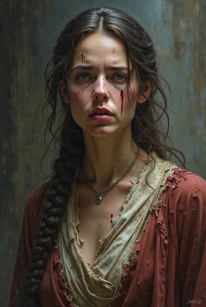 A breathtakingly beautiful girl, Radiant and charming eyes, Cold and intense, Long flowing hair, Sweaty body, Post-apocalyptic punk shirt, Short shorts, boot, Ultra photo realsisim, Realistic, best quality real texture skin, movie atmosphere, Tattered clothes, (Post-apocalyptic punk, Post-apocalyptic fiction), A post-apocalyptic world where buildings collapse, (blood stain), The art of Rei Kurahashi, Haunting and solemn, A beam of light shines through, Illuminate the gloomy environment, (Best quality, Masterpiece, Depth of field, Full-HD, 4K, Richness of detail), Portrait style,Upper body