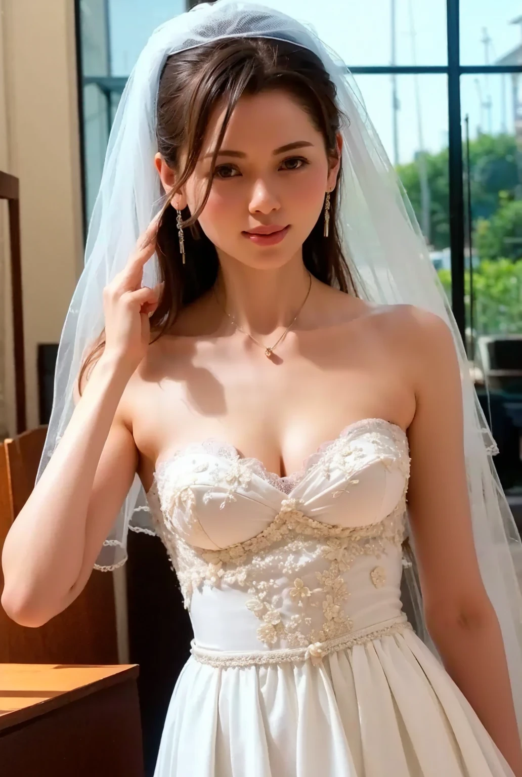 Beautiful elderly woman, cute,sexy,80 years old,,sexy,Wear a pearl necklace, Flowers in her hair, hair bunches, holding a little bunch of white flowers in her hand, posing with flowers, old woman, Ultra big Big saggy slim soft:1.5, Breasts, Curly Hair, big nipples, mature nipples, wedding ceremony, lots of guests, walking down the ilse, revealing dress, holding boquet