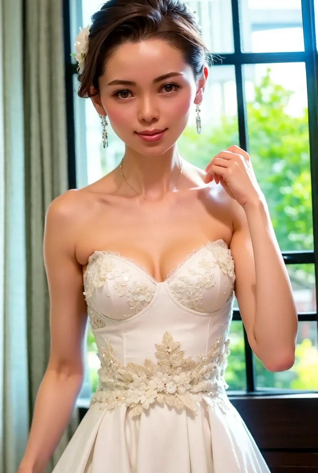 White lace gloves、Big Smile、Holding a bouquet、A lovely smile、A luxurious white silk dress with lace、Stunning gardens、Colorful flowers々is blooming、White silk and shiny dress、A luxurious and elegant white wedding dress、Braided hair only for the bangs((wedding ceremony:1.4))、Full body photo、smile、 Caustics、Highly detailed photos、Very beautiful eyeedium Short Hair、Large Breasts、Super no makeup、(8k、RAW Photos、highest quality、masterpiece:1.2)、(Realistic、Realistic)、1 girl、((Medium Short Hair、Looking into the camera:1.4))、