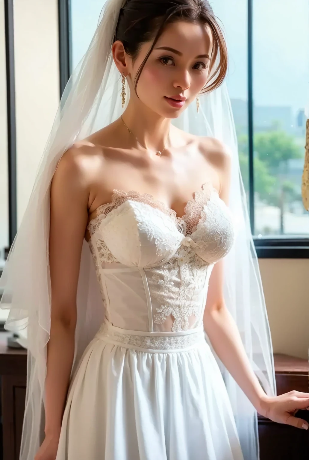 Hyper-realistic portrait of an elegant lady., Big breasts, with strawberry blonde hair, styled in hair, in a delicate transparent blue lace dress with an intricate pattern.. The background has an ornate, vintage style room with large windows, allowing soft fluid to pass through, natural light. The overall atmosphere is calm and sophisticated., capture a moment of quiet grace and beauty of the night,whole body,KOF:Mai Shiranui ,(((wearing a white wedding dress ))), Jewelry ,Elegant sitting pose,masterpiece,Best quality,official art,extremely detailed, 3d, 4D cinema,8 K, ( ##tattoo ##,tattoo, ~+ tattoo),(Ideal female forms, huge folded chest),(seductive look), facing the camera, pink lips,gentle fingers and hands,The Magic Hour, Rembrandt Lighting, front lighting and fill lighting, hard shadow,