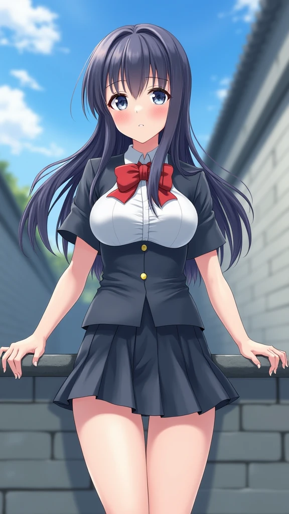 (masterpiece, 最high quality, high quality, super detailed, ultra high resolution, 8k),tall and toned body, long toned legs, alone, 1 girl, JK, high school student, dark blue hair, ponytail, blue eyes, round eyes, super detailed eyes, smile, sexy look, very shy face, blushing face, medium breasts, beautiful breasts, beautiful curves, school uniform, red tie, white shirt, brown skirt, plaid skirt, outdoors in the rain, Dark green bra , My shirt is wet from the heavy rain and my bra is transparent.