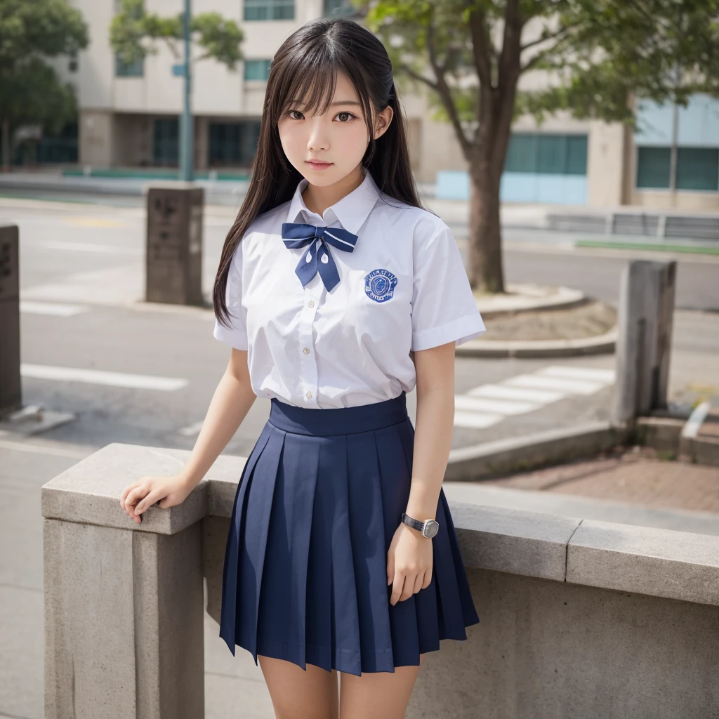 masterpiece, highest quality, super detailed, figure,, (Paisura:1.4), 1 girl, Glasses, small breasts, tie, skirt, stockings, bag, school uniform, black hair, outdoor, road, between the breasts, street, school bag, ground vehicle, Danchi, Japan,,