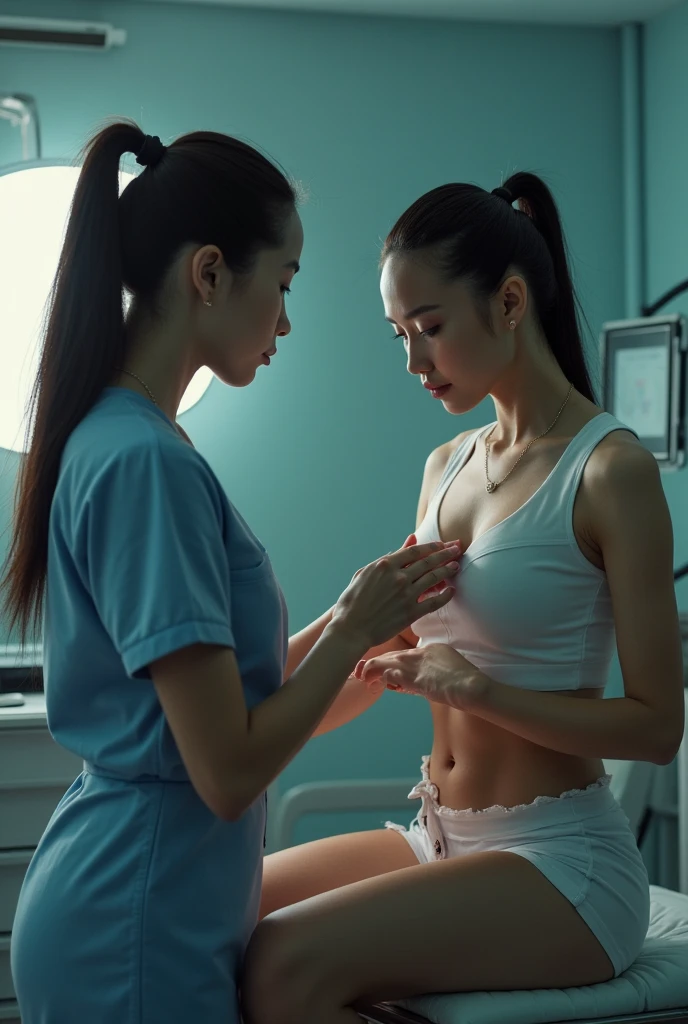 A beautiful Japanese girl with fair skin and angelic features..... She is a teenager、Looks like a slender middle school student. The girl is wearing a ballet costume, tome'a little embarrassing for her. She has a childish appearance with a flat chest. The stage is a hospital, especially in pediatric wards. The doctor is conducting a medical examination of the girl, Includes genital examination. The atmosphere inside the hospital is professional and clean..... The girl is a little nervous about the vaccination she is about to receive..... The artwork is、Must be realistic, Highly detailed photorealistic quality, high resolution render。. Color palette should be soft and pastel, Gives a cute and innocent atmosphere. Lighting should be balanced and natural, Beautifully illuminate the scene.、Show nipples、put on underwear、Underpants1becomes a sheet、Flipping through underwear、Pained look、receive an injection