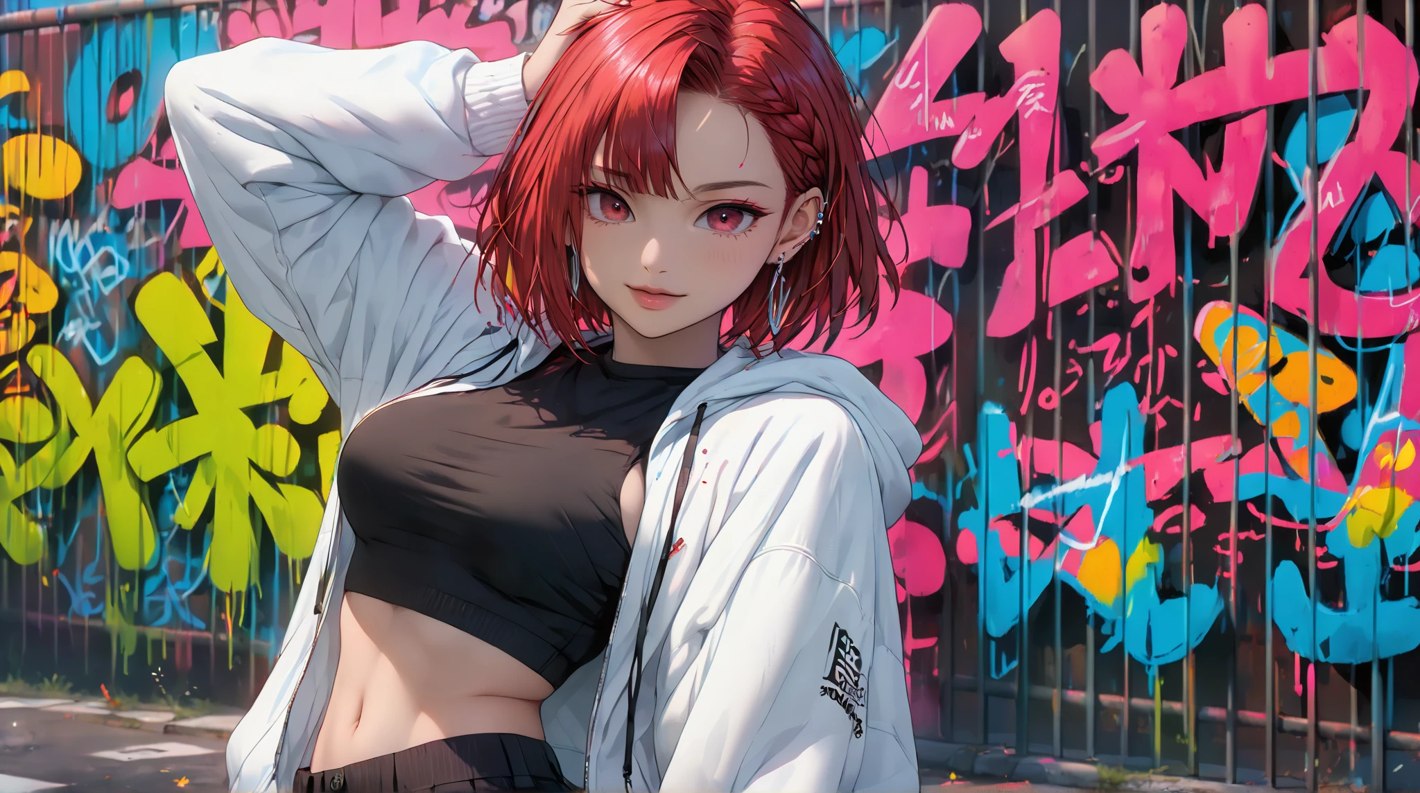 8k, masterpiece, best quality, red hair, short hair, big head, fat face, big face, facial muscles, smile, small breasts, outdoor, heavy rain, dress, clothes covering the whole body, wet body, wet clothes, wet hair, temptation