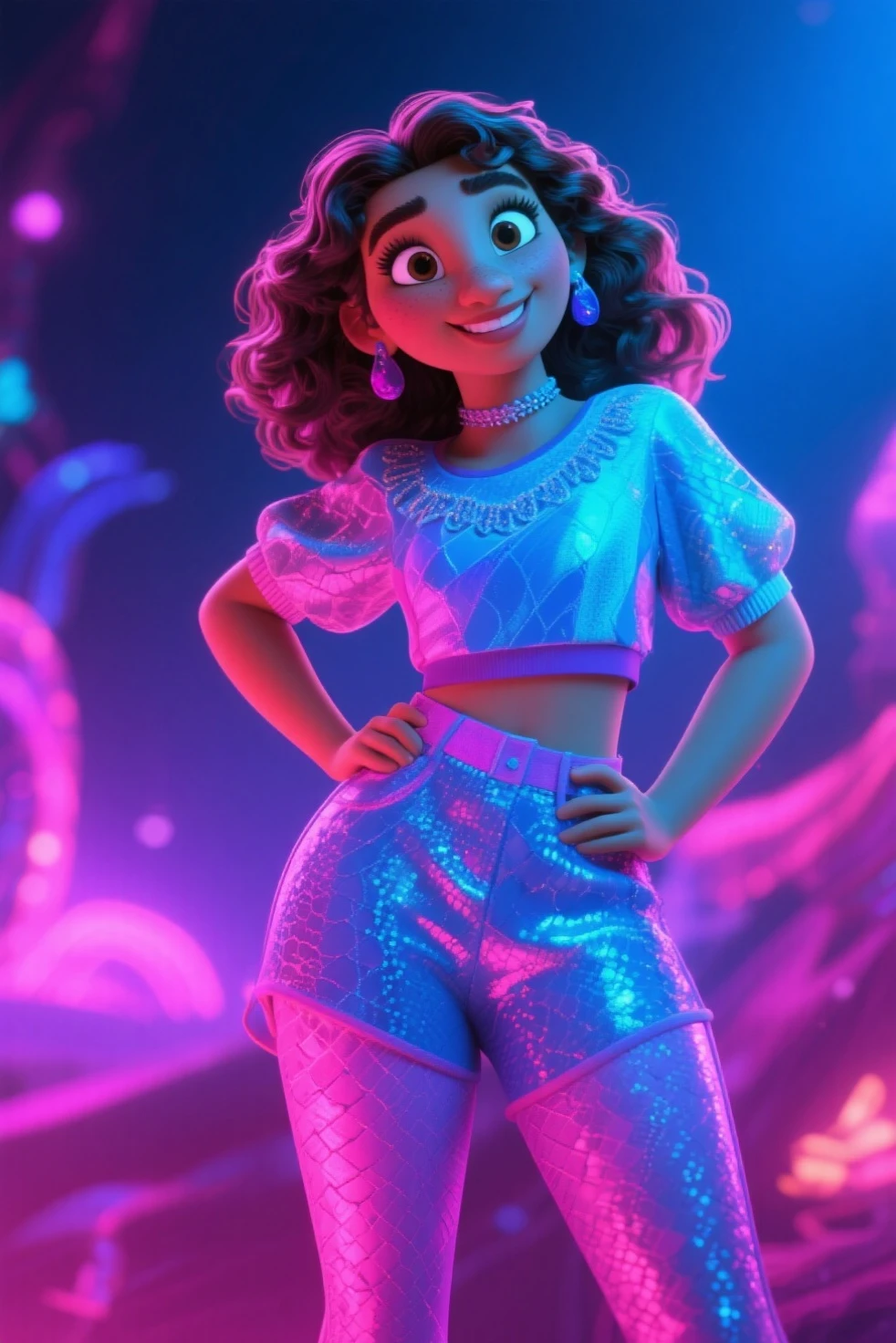 "(best quality,ultra-detalhado,Realistic:1.37),3D rendering,illustration,design de personagens,cabelos longos e cacheados escuros,belos olhos detalhado Estilo Pixar,morena mulher,Dancing on the Disney stage,atmosfera animada,vivid colors,luzes de palco,expression joyful"