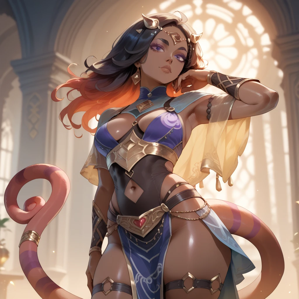 There is lost coliseum there stand female lionessin battle stance, she have ebony colour skin beautiful yellow cat eyes dark gold eyeshadows make up, ring style earrings, her hair is purple with pink highlights . she dressed in white neather topic with golden parts on countures also short and white leather straps on her cat legs instead of boots, her hands have hude ruby claws on her fingers, (ultra high quality fantasy art, anime fantasy style, masterpiece, ultra high quality character design, 8k quality anime art, realistic anime art, top quality wallpaper illustration, detailed ultra high quality accurate face, high quality design and accurate physic)