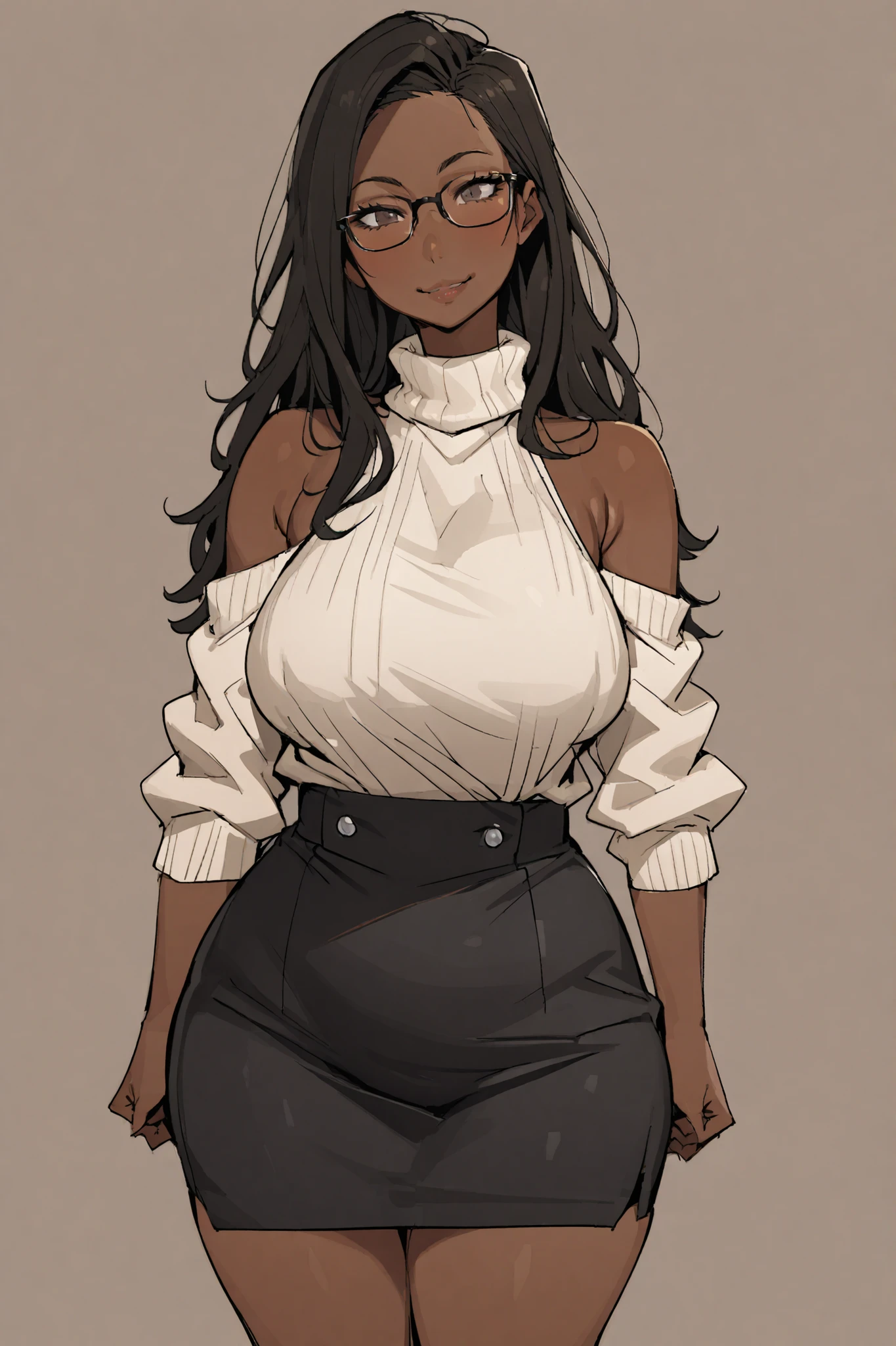 1 plumb ebony girl, loose black wavy hair, dark brown skin, smile, glasses, voluptuous, shoulderless white sweater, pencil skirt, simple background, hands behind butt