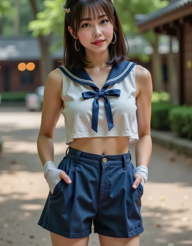 (((((())))))、(Aya Ueto : 0.2)、(((A charming face)))、(((Young face)))、(((beautiful girl)))、(((A beautiful woman)))、Beautiful woman、Cute woman、((Innocent face))、((Smile))、((Ultra-detailed face))、((Detailed lips))、((Detailed eyes))、((double eyelid))、(((Beautiful Face)))、(((Beautiful, well-shaped eyes)))、(((Beautiful, well-shaped lips)))、Very Short Hair、ponytail、Pixie cut、BREAK、BREAK、(((Wearing a sailor uniform)))、BREAK、8 heads、(((slender)))、(((Slim body)))、(((Thin body)))、(((Slim woman)))、(Flat Chest:1.5)、BREAK、Photographic quality、Natural light、(フォトRealistic:1.4)、(Highest quality:1.2)、(Ultra-high resolution:1.2)、8K、RAW Photos、Realistic、High Detail、Film Grain、Detail Skin、Symmetrical、Delicate skin、Real human skin、pores、Super detailed、Detailed、(masterpiece : 1.2)、Thin face、Sharp Face、Small Face、Small face、Narrow shoulders、Small shoulders、Small shoulders幅、Slim shoulders、Narrow shoulders幅、Beautiful Japanese Woman、Beautiful Korean Woman、Slim womanモデル、Young Gravure Idol、Realistic young gravure idol、Young Sensual Gravure Idol、Young Pretty Gravure Idol、Japanese Model、Young Gravure Idol、((From the knee up)) 、(arms behind back:1.3)