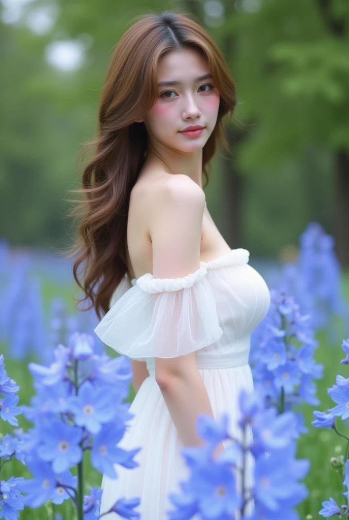 cleavage，Best quality, masterpiece, ultra high res, (photorealistic:1.4), raw photo, 1girl, white dress, off shoulder, blue flower field, glowing skin, light smile